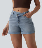Asymmetric High Waisted Rolled Hem Washed Denim Casual Shorts with Pockets — Baltic Sea Blue Denim — view 1