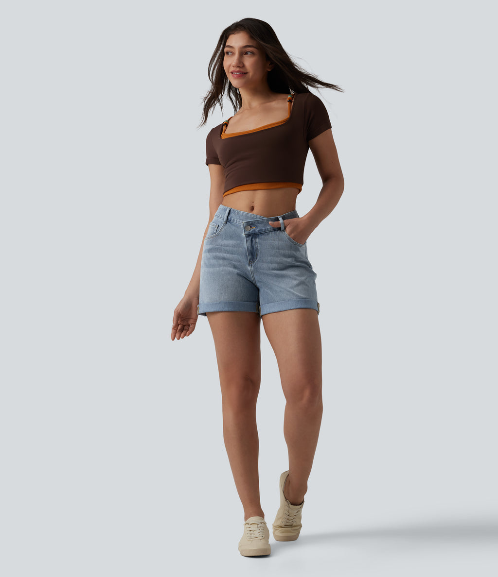 Asymmetric High Waisted Rolled Hem Washed Denim Casual Shorts with Pockets — Baltic Sea Blue Denim — view 6