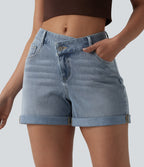 Asymmetric High Waisted Rolled Hem Washed Denim Casual Shorts with Pockets — Baltic Sea Blue Denim — view 4