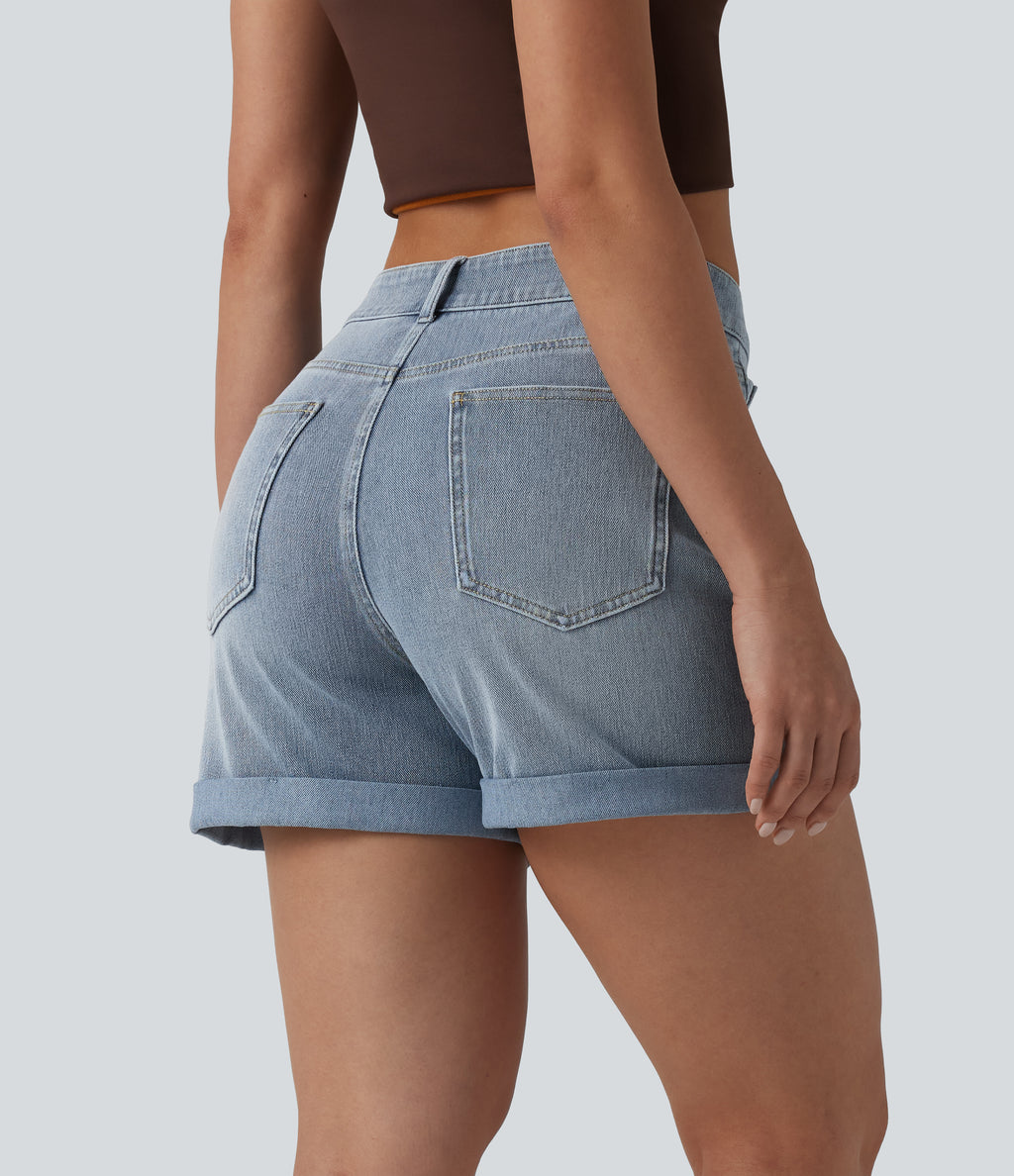 Asymmetric High Waisted Rolled Hem Washed Denim Casual Shorts with Pockets — Baltic Sea Blue Denim — view 2