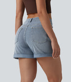 Asymmetric High Waisted Rolled Hem Washed Denim Casual Shorts with Pockets — Baltic Sea Blue Denim — view 2