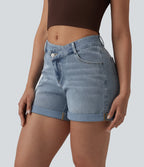 Asymmetric High Waisted Rolled Hem Washed Denim Casual Shorts with Pockets — Baltic Sea Blue Denim — view 3