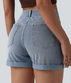 Asymmetric High Waisted Rolled Hem Washed Denim Casual Shorts with Pockets — Baltic Sea Blue Denim — view 5