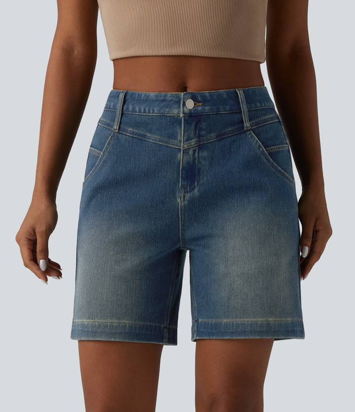 Mid Rise Rolled Hem Washed Denim Casual Baggy Shorts with Pockets — Mist Blue Denim — view 1