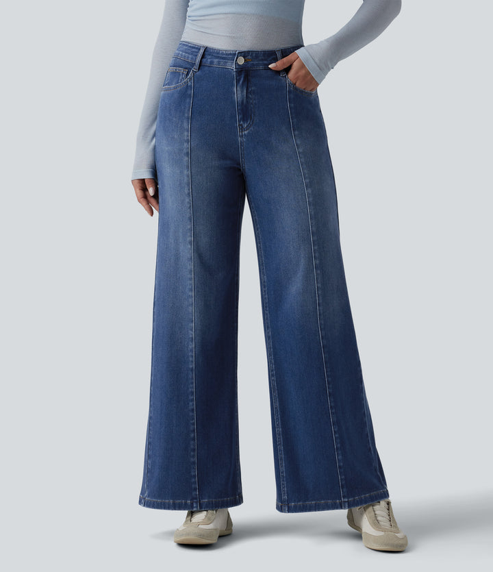 Mid Rise Draped Draped Lyocell Casual Straight Leg Jeans with Pockets — Tide Blue Denim — view 1