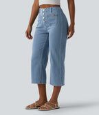 High Waisted Stripes Cropped Straight Leg Casual Jeans with Pockets — Blue Jasper Denim — view 3