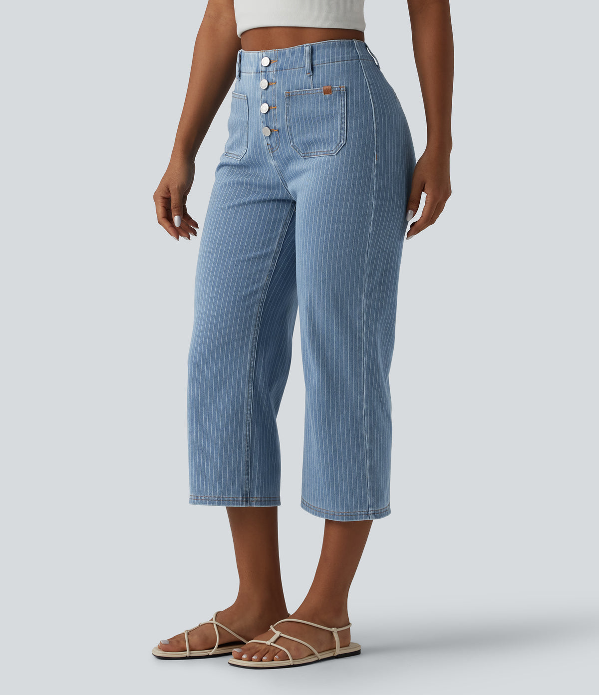 High Waisted Stripes Cropped Straight Leg Casual Jeans with Pockets — Blue Jasper Denim — view 3