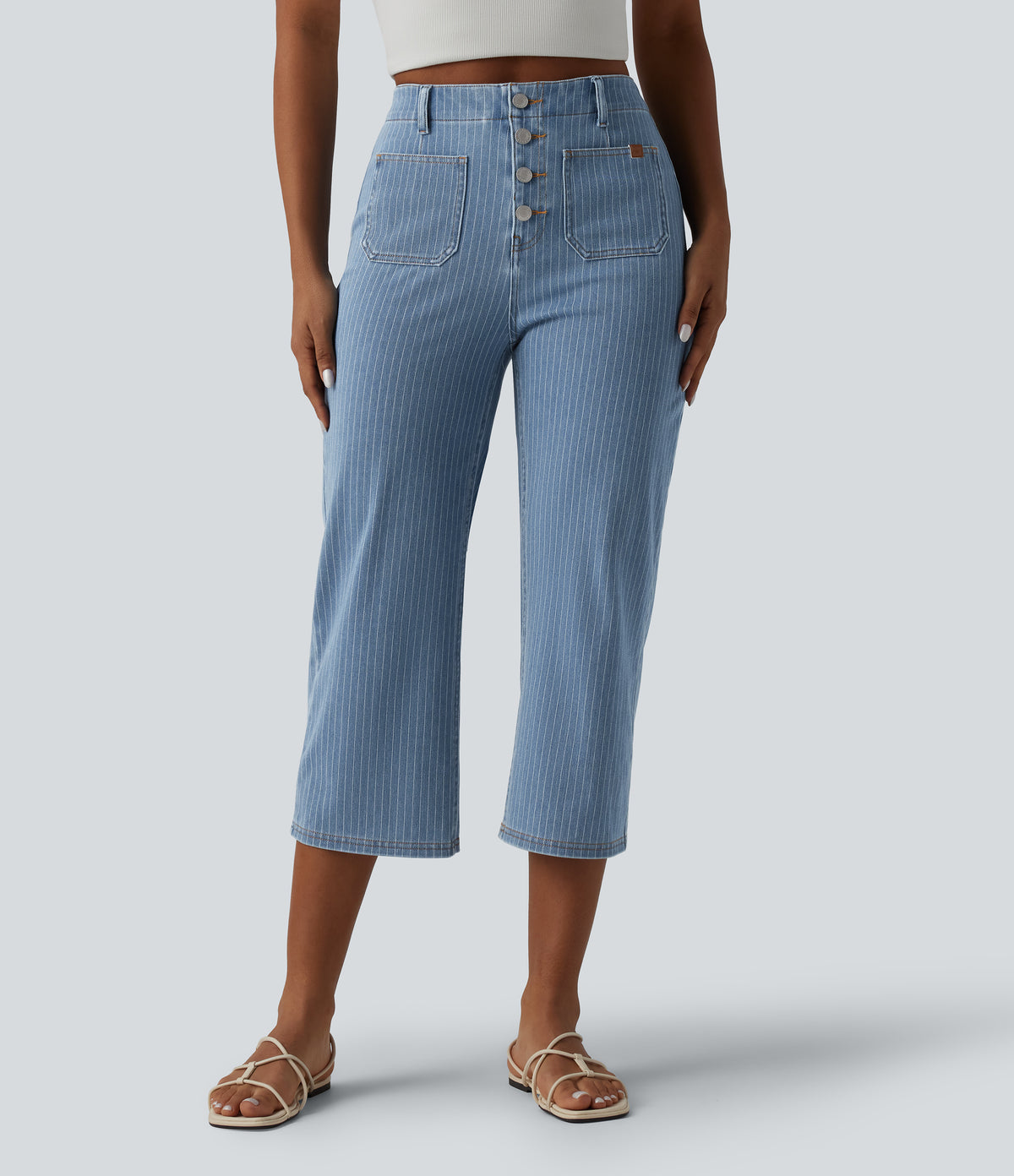High Waisted Stripes Cropped Straight Leg Casual Jeans with Pockets — Blue Jasper Denim — view 1