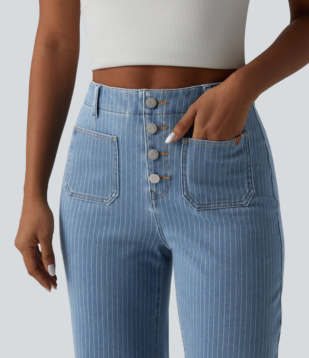 High Waisted Stripes Cropped Straight Leg Casual Jeans with Pockets — Blue Jasper Denim — view 4