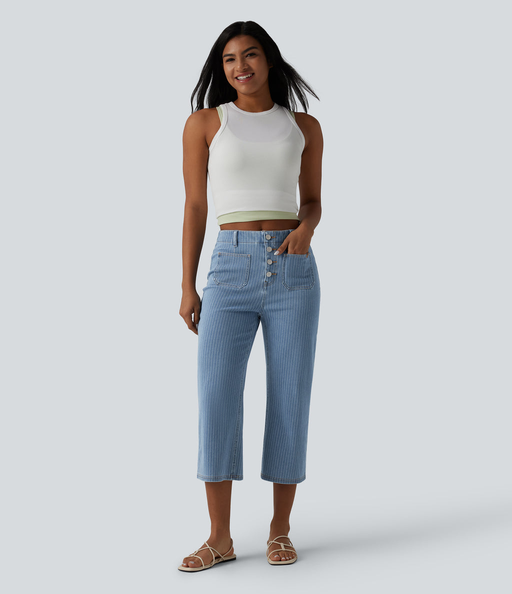 High Waisted Stripes Cropped Straight Leg Casual Jeans with Pockets — Blue Jasper Denim — view 6