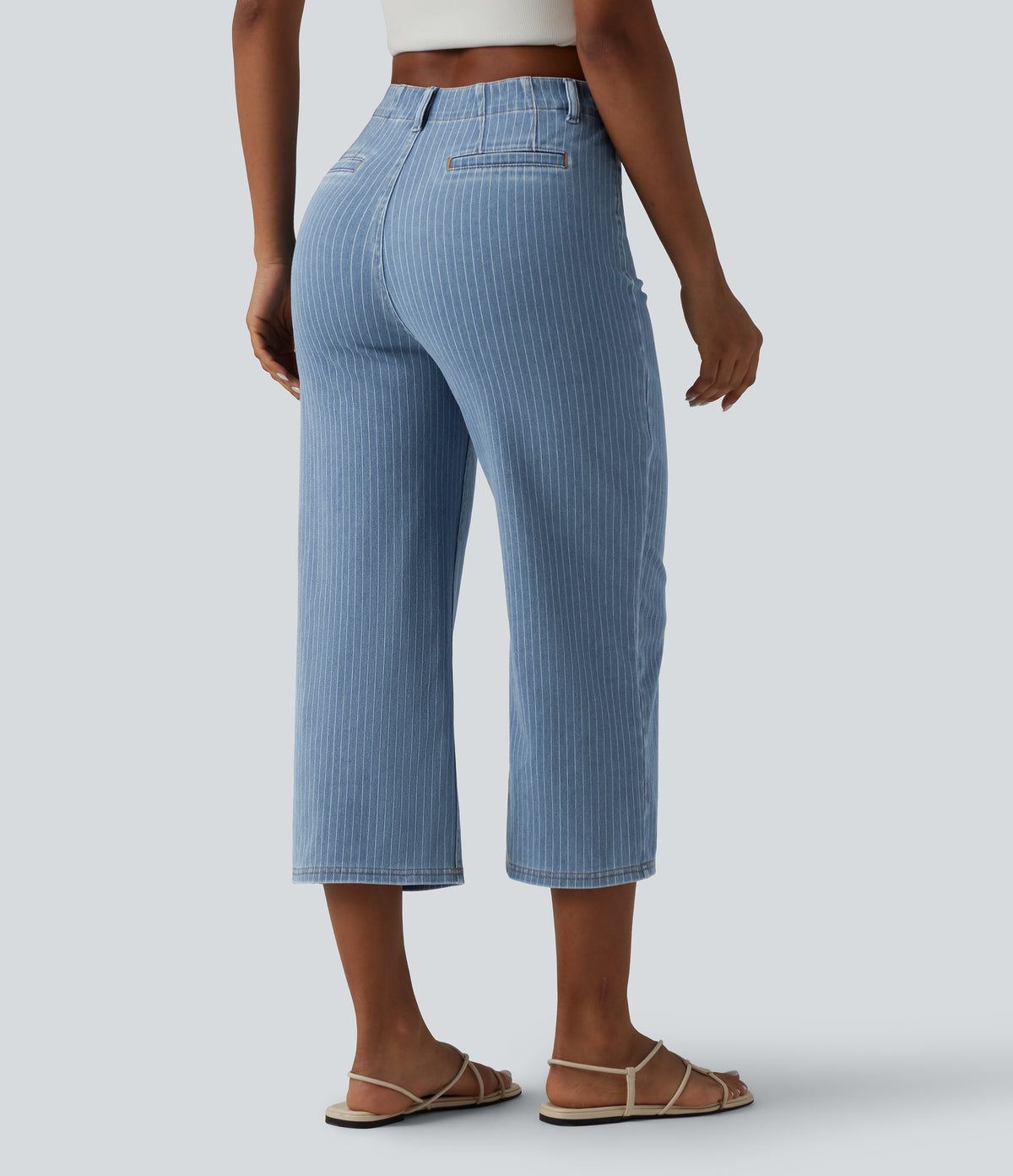 High Waisted Stripes Cropped Straight Leg Casual Jeans with Pockets — Blue Jasper Denim — view 2