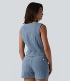 Deep V-neck Button Fly Stripes Denim Casual Vest — Malibu Blue Denim — view 2