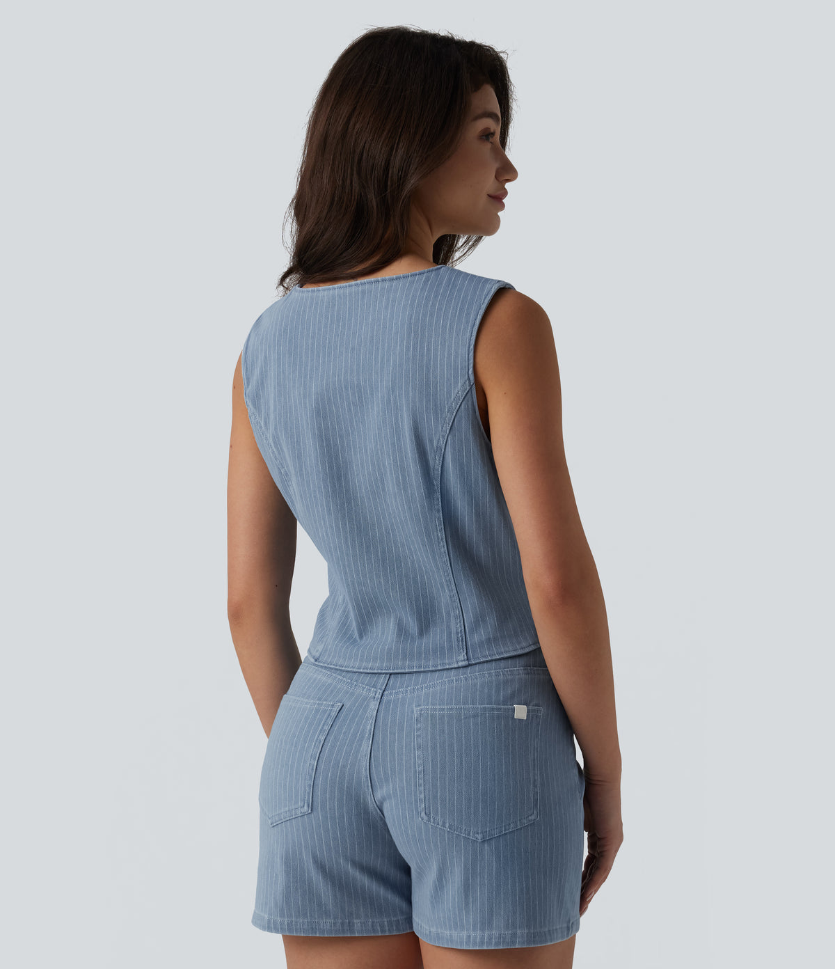 Deep V-neck Button Fly Stripes Denim Casual Vest — Malibu Blue Denim — view 2