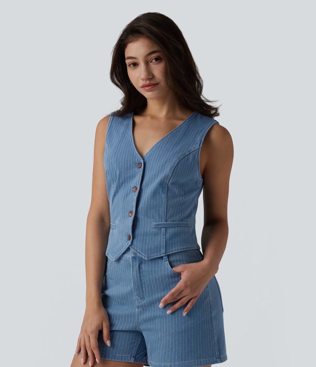 Deep V-neck Button Fly Stripes Denim Casual Vest — Malibu Blue Denim — view 3