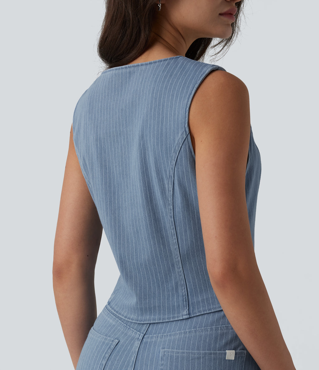 Deep V-neck Button Fly Stripes Denim Casual Vest — Malibu Blue Denim — view 5