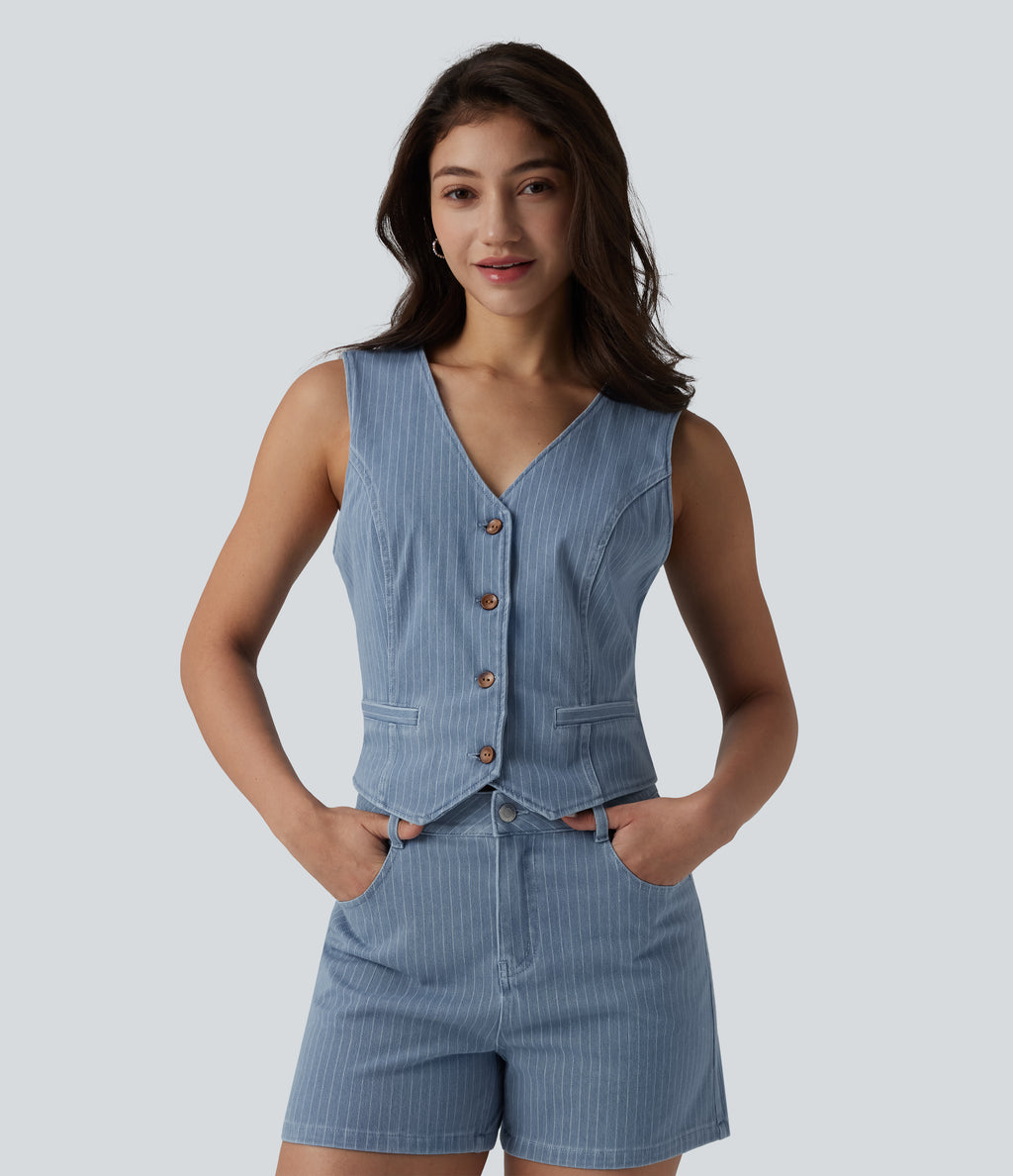 Deep V-neck Button Fly Stripes Denim Casual Vest — Malibu Blue Denim — view 1
