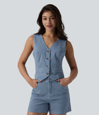 Deep V-neck Button Fly Stripes Denim Casual Vest — Malibu Blue Denim — view 1