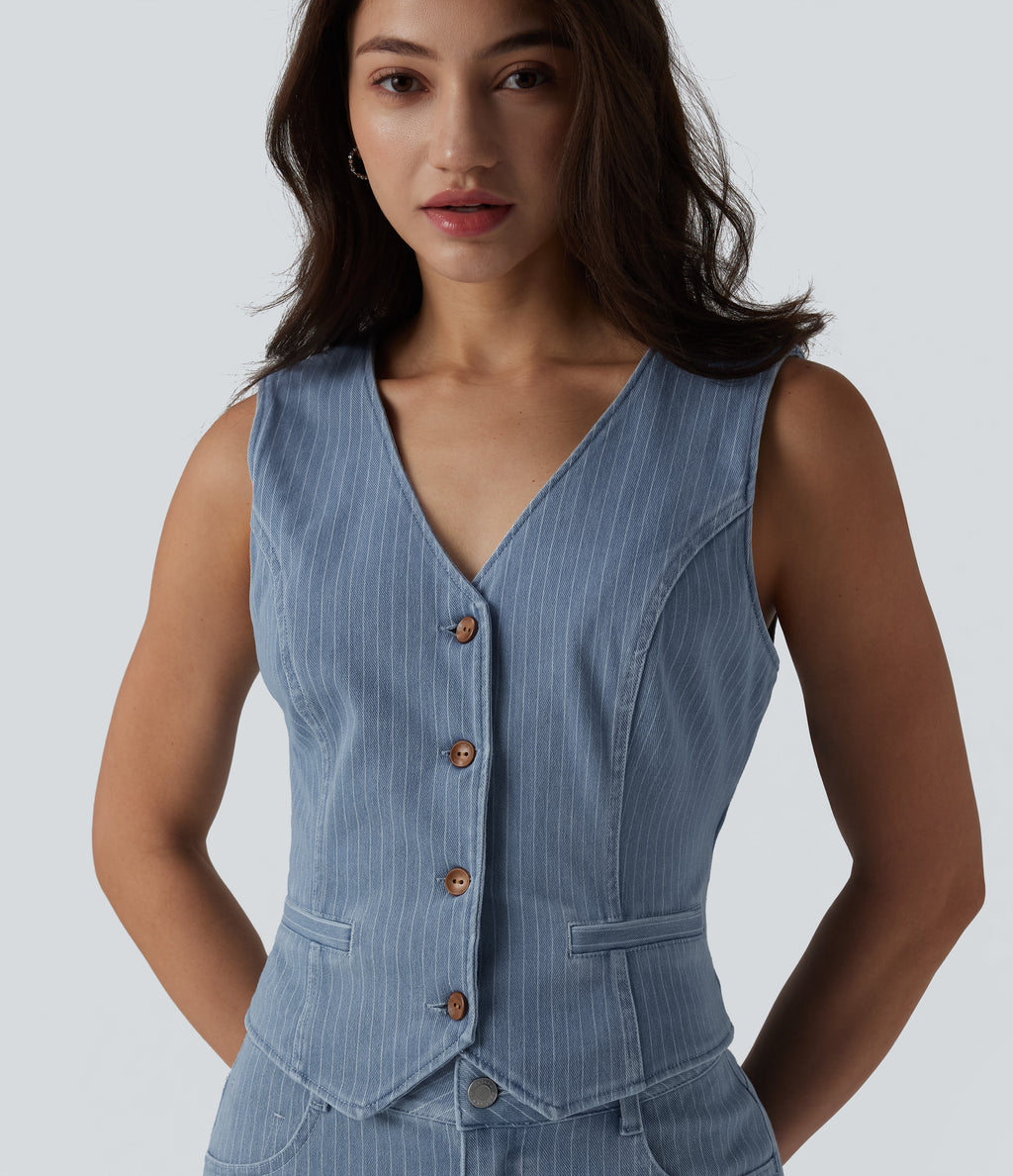 Deep V-neck Button Fly Stripes Denim Casual Vest — Malibu Blue Denim — view 4