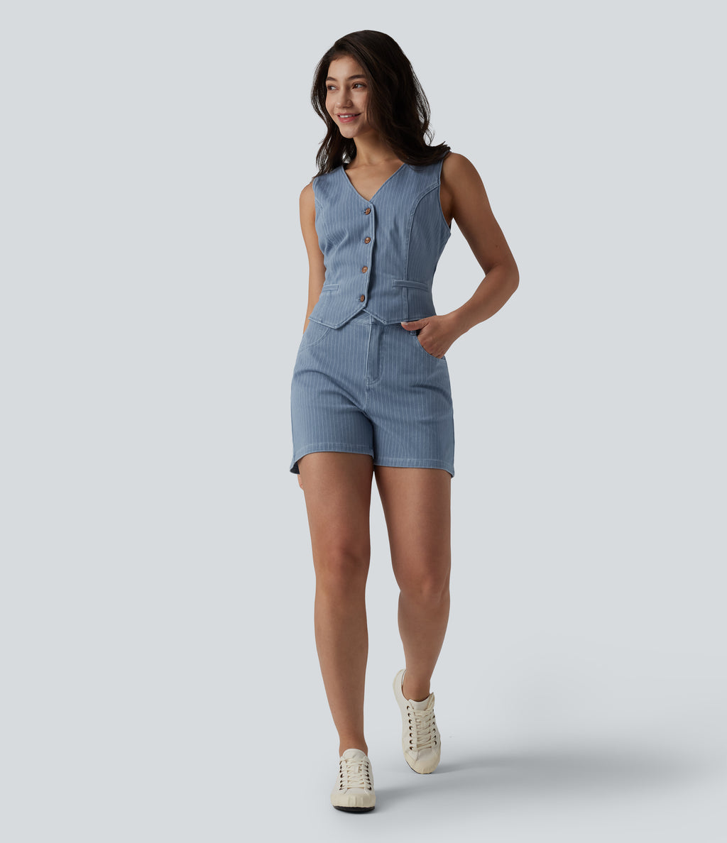 Deep V-neck Button Fly Stripes Denim Casual Vest — Malibu Blue Denim — view 6