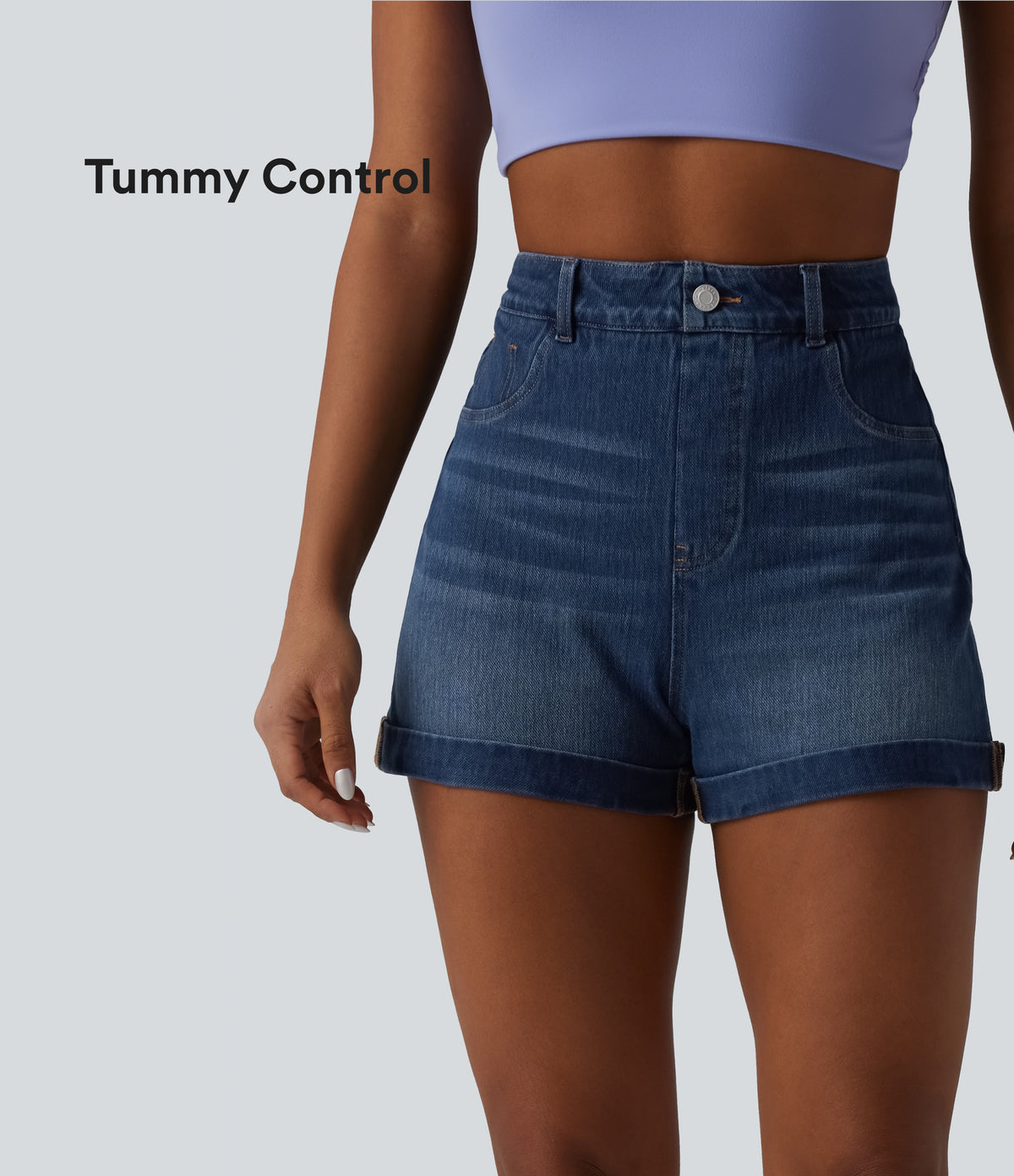 High Waisted Tummy Control Rolled Hem Denim Casual Shorts with Pockets — Estate Blue Denim — view 1