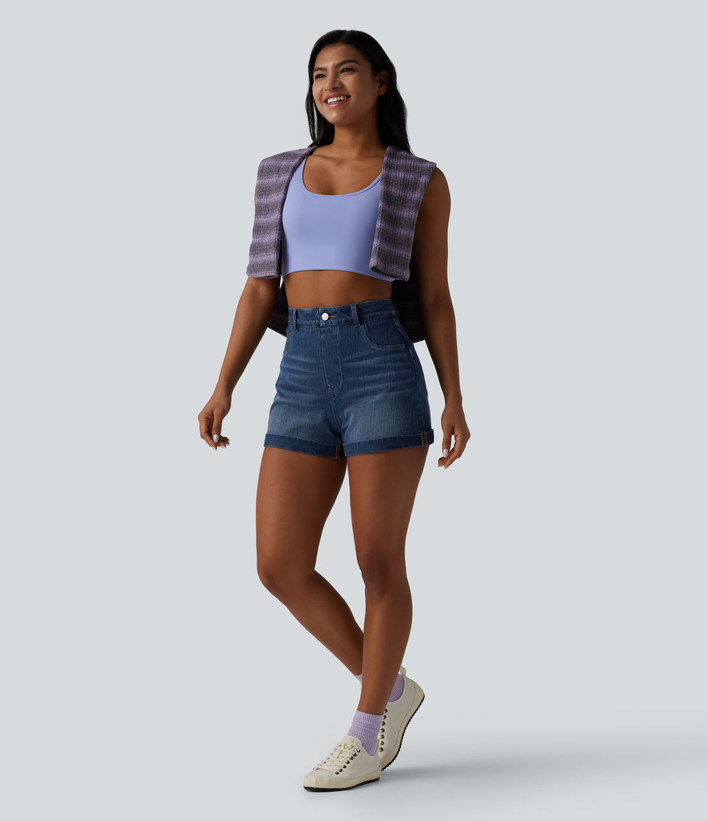 High Waisted Tummy Control Rolled Hem Denim Casual Shorts with Pockets — Estate Blue Denim — view 6