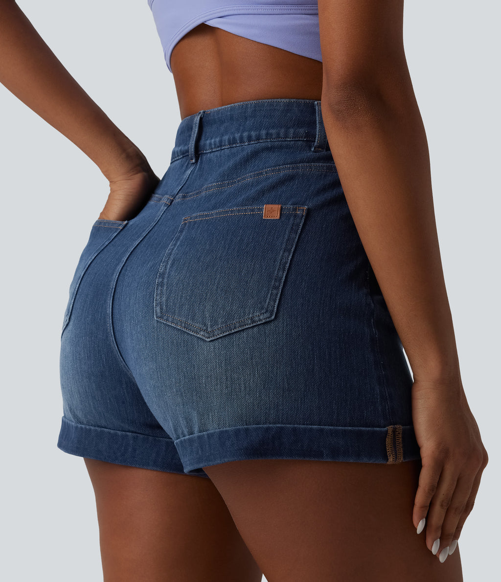 High Waisted Tummy Control Rolled Hem Denim Casual Shorts with Pockets — Estate Blue Denim — view 5