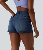High Waisted Tummy Control Rolled Hem Denim Casual Shorts with Pockets — Estate Blue Denim — view 2