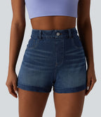 High Waisted Tummy Control Rolled Hem Denim Casual Shorts with Pockets — Estate Blue Denim — view 4