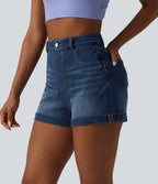 High Waisted Tummy Control Rolled Hem Denim Casual Shorts with Pockets — Estate Blue Denim — view 3