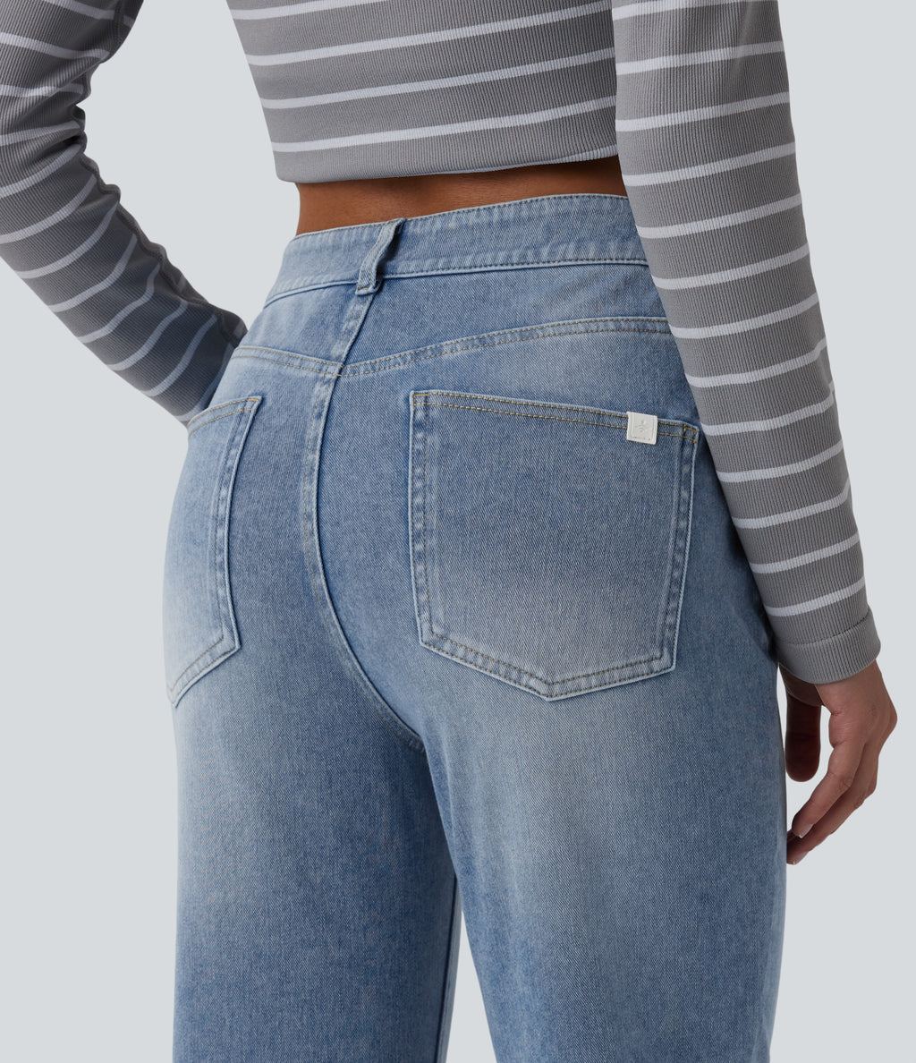 Mid Rise Washed Casual Flare Jeans with Pockets — Powder Blue Denim — view 5