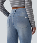 Mid Rise Washed Casual Flare Jeans with Pockets — Powder Blue Denim — view 5