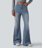 Mid Rise Washed Casual Flare Jeans with Pockets — Powder Blue Denim — view 1