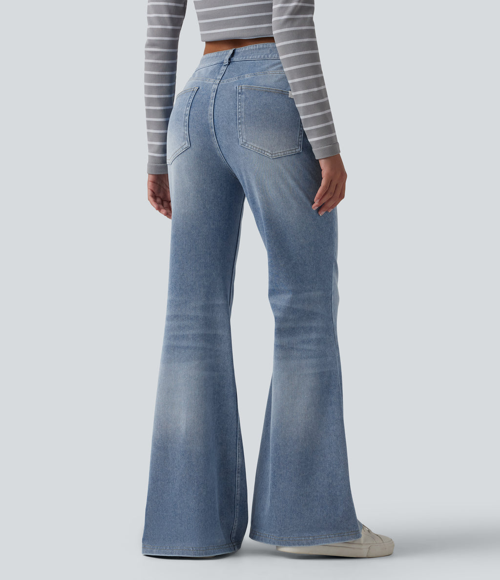 Mid Rise Washed Casual Flare Jeans with Pockets — Powder Blue Denim — view 2