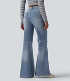 Mid Rise Washed Casual Flare Jeans with Pockets — Powder Blue Denim — view 2