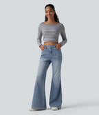 Mid Rise Washed Casual Flare Jeans with Pockets — Powder Blue Denim — view 6