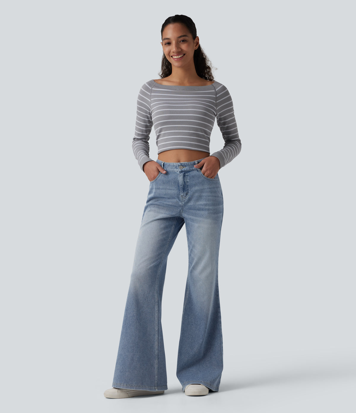 Mid Rise Washed Casual Flare Jeans with Pockets — Powder Blue Denim — view 6