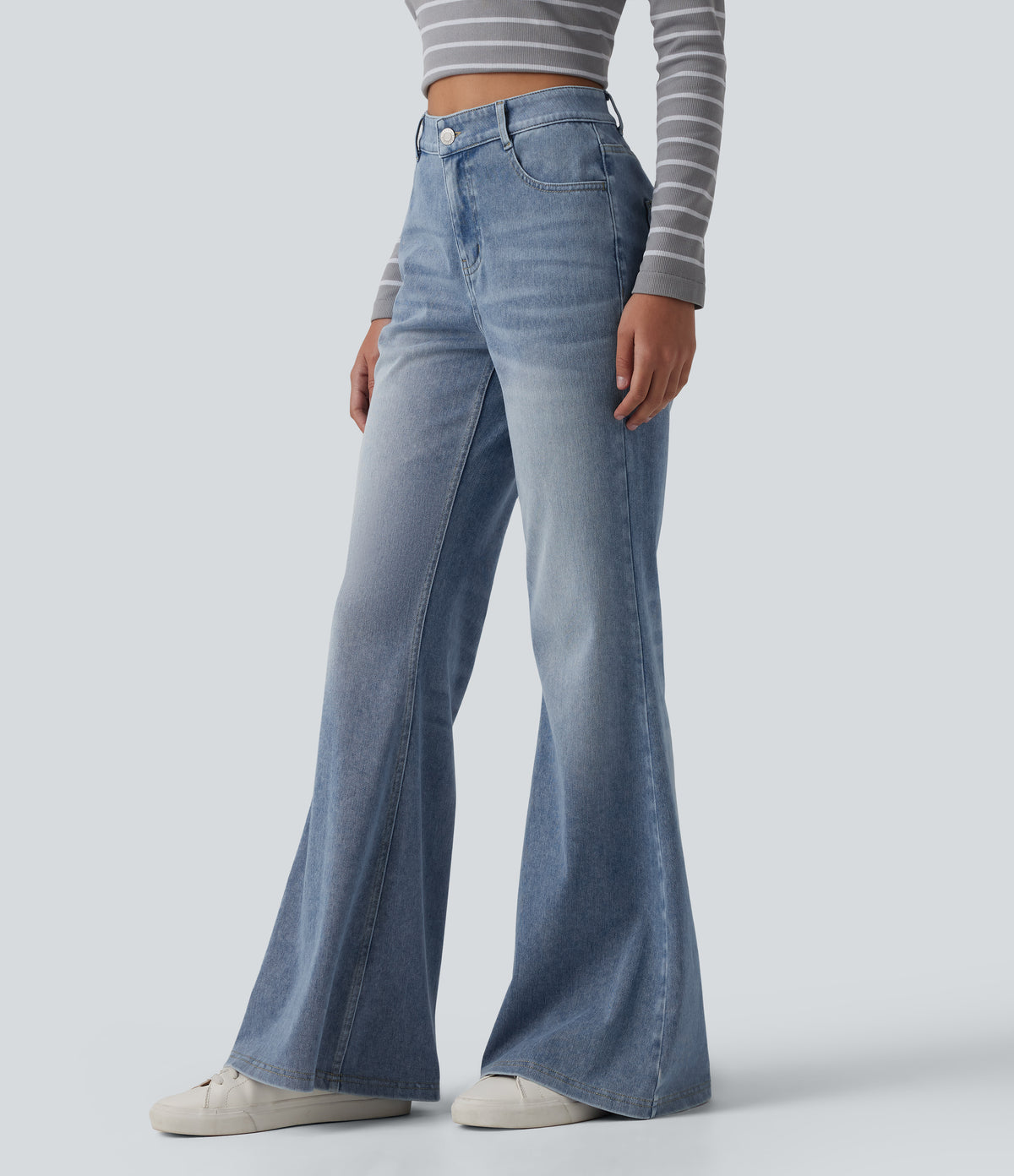 Mid Rise Washed Casual Flare Jeans with Pockets — Powder Blue Denim — view 3
