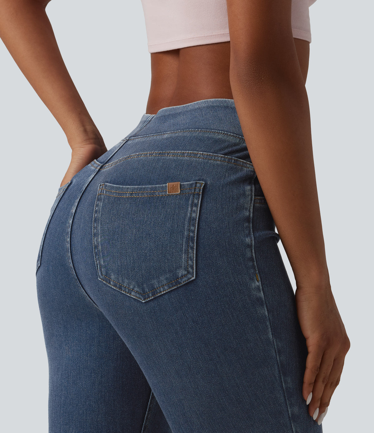 High Waisted Draped Lyocell Denim Casual 7/8 Leggings with Pockets — Tide Blue Denim — view 5