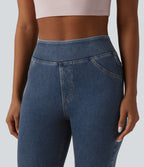 High Waisted Draped Lyocell Denim Casual 7/8 Leggings with Pockets — Tide Blue Denim — view 4