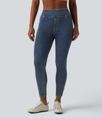 High Waisted Draped Lyocell Denim Casual 7/8 Leggings with Pockets — Tide Blue Denim — view 2