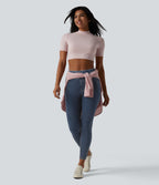High Waisted Draped Lyocell Denim Casual 7/8 Leggings with Pockets — Tide Blue Denim — view 6
