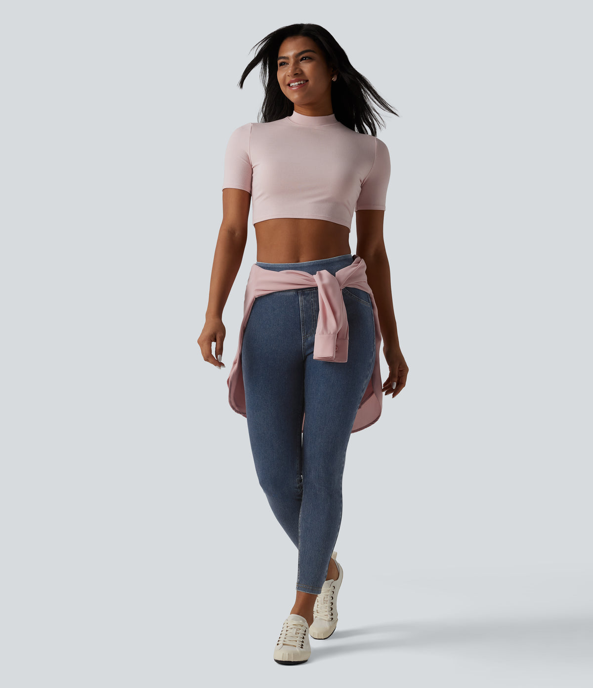 High Waisted Draped Lyocell Denim Casual 7/8 Leggings with Pockets — Tide Blue Denim — view 6