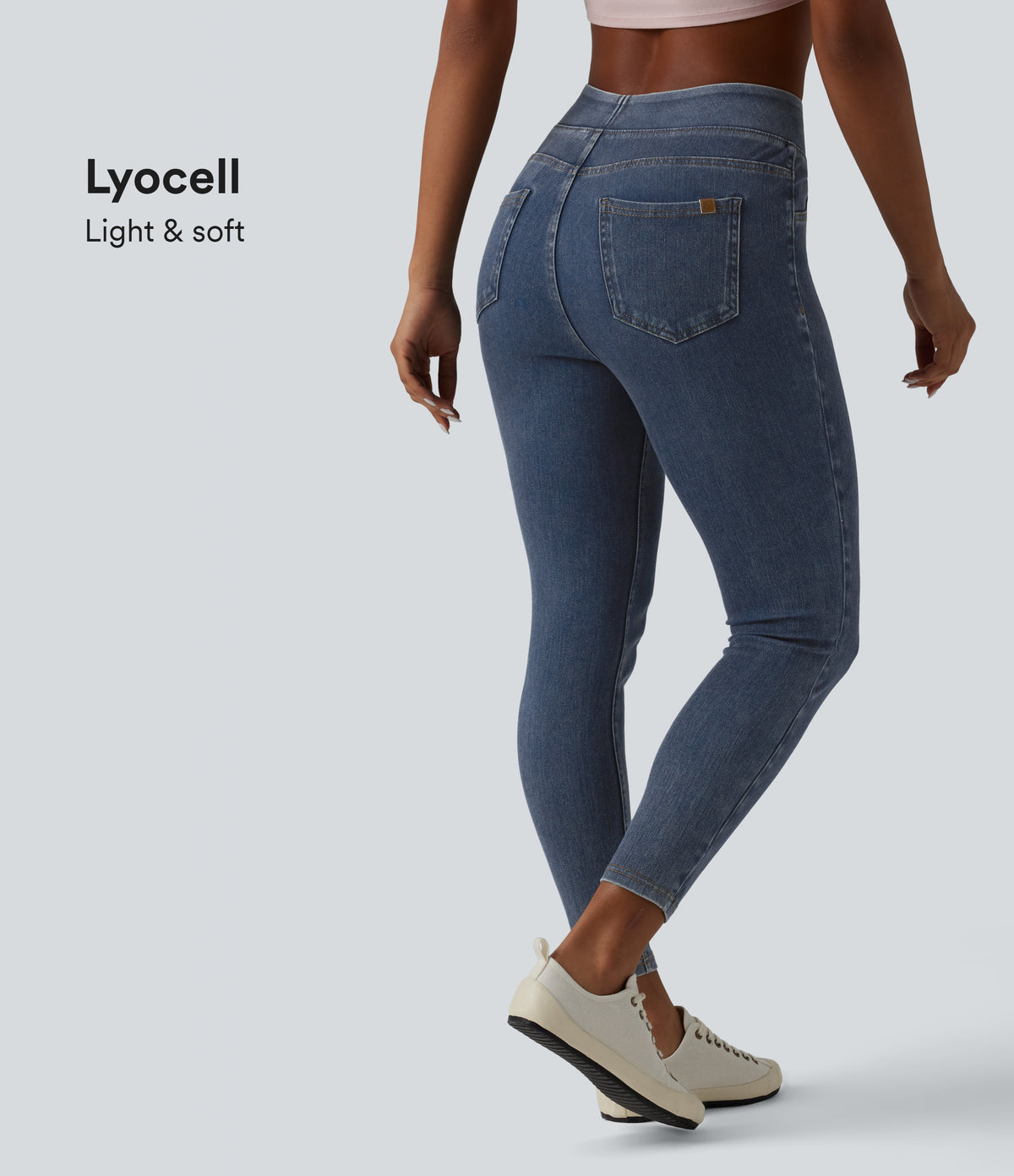 High Waisted Draped Lyocell Denim Casual 7/8 Leggings with Pockets — Tide Blue Denim — view 1