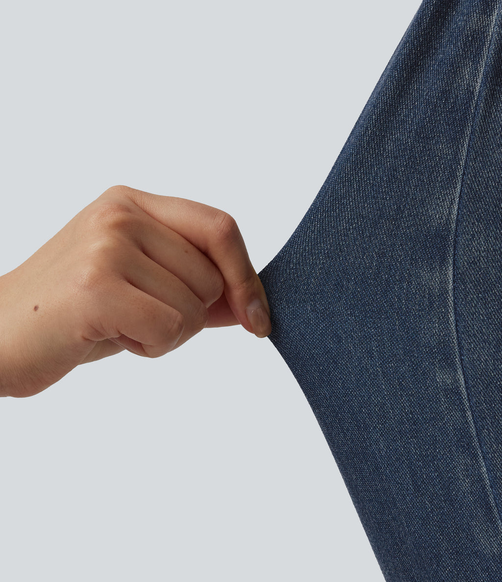 High Waisted Draped Lyocell Denim Casual 7/8 Leggings with Pockets — Tide Blue Denim — view 7