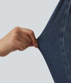 High Waisted Draped Lyocell Denim Casual 7/8 Leggings with Pockets — Tide Blue Denim — view 7