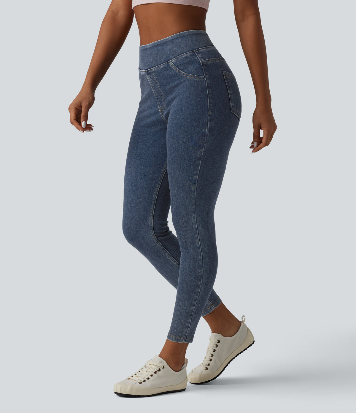 High Waisted Draped Lyocell Denim Casual 7/8 Leggings with Pockets — Tide Blue Denim — view 3
