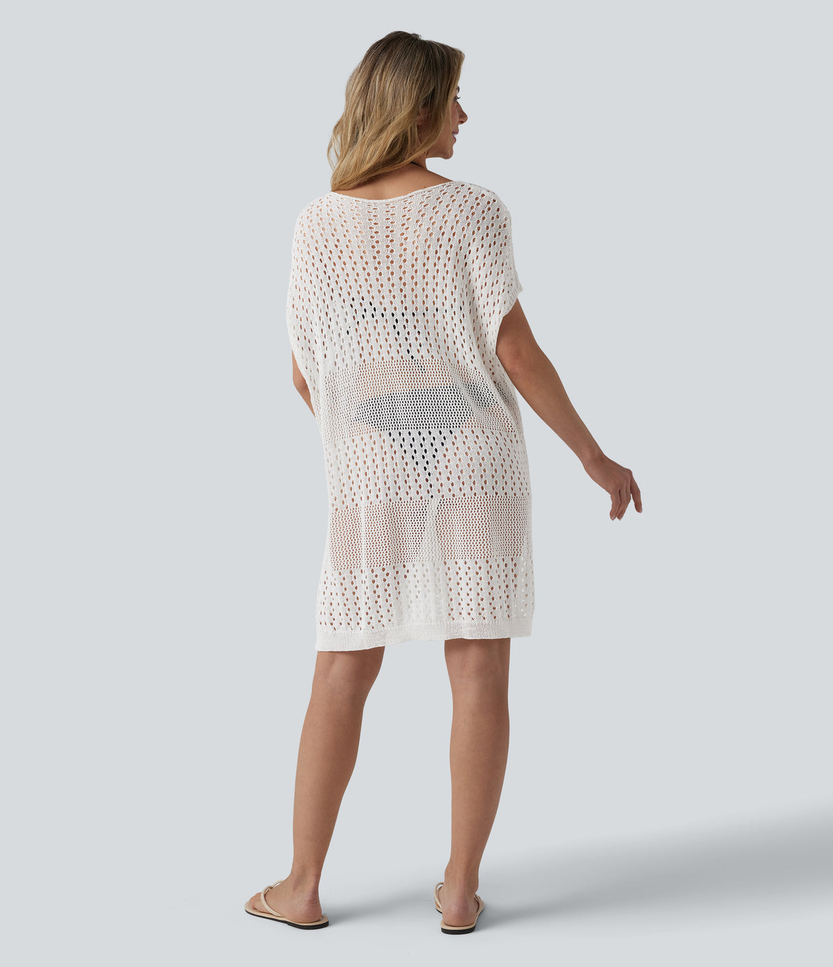 V-neck Split Hem Hollow Out Resort Cover Up Dress — White — view 2