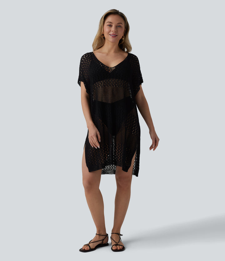 V-neck Split Hem Hollow Out Resort Cover Up Dress — Black — view 8