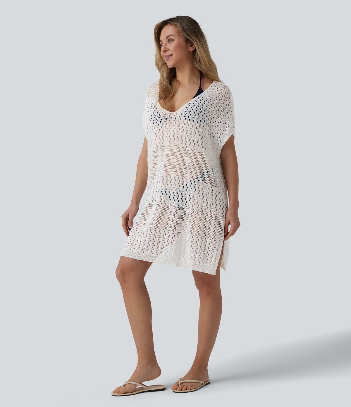 V-neck Split Hem Hollow Out Resort Cover Up Dress — White — view 3
