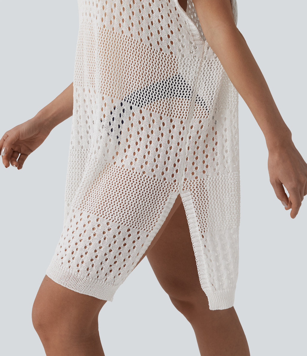 V-neck Split Hem Hollow Out Resort Cover Up Dress — White — view 5